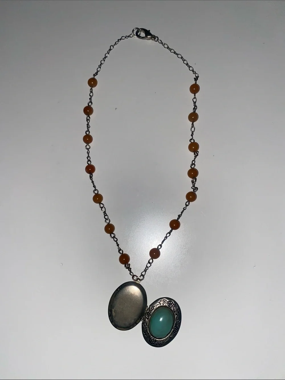Vintage Silver Locket Necklace with Green Stone and Amber Beads